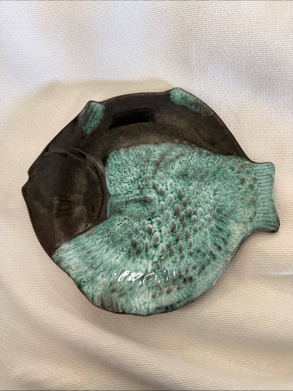 Studio Pottery Fish Dish Platter Turquoise Brown  Glaze Evangeline 06 Canada